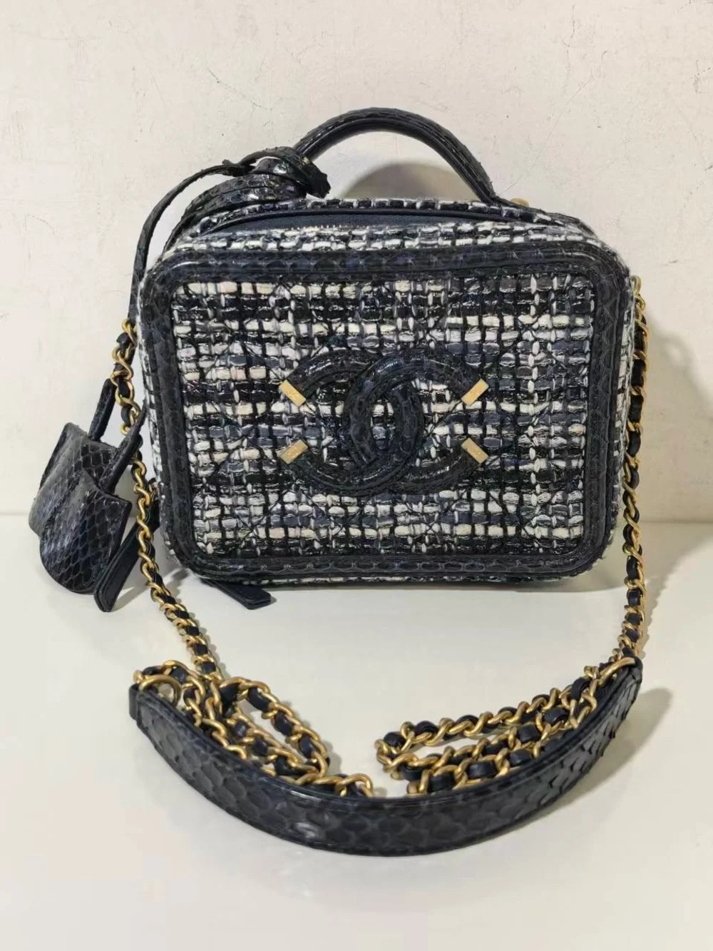 CHANEL Black and White Tweed Vanity Crossbody with Gold Chain